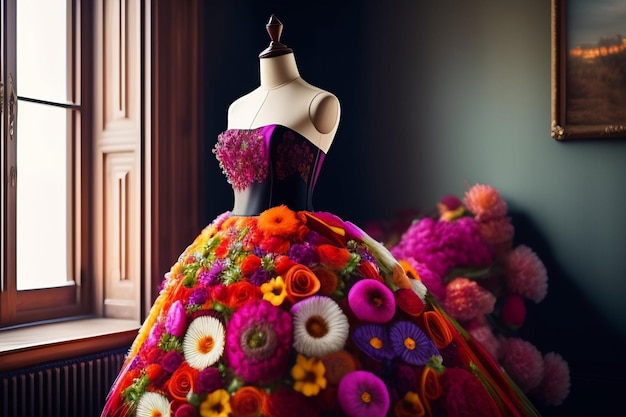 A mannequin with a dress made of flowers on it.