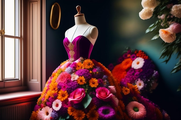 A mannequin with a dress made of flowers.