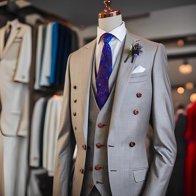 A mannequin with a flower on his shirt is standing in front of a mannequin wearing a grey suit.