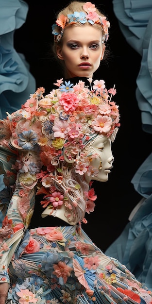 a mannequin with flowers on her head and the words " she's a woman "