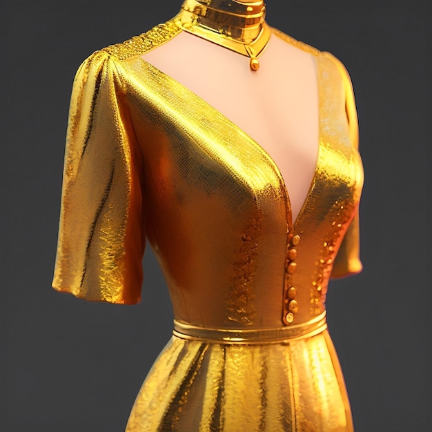 A mannequin with a gold dress with the number 7 on it