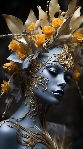 A mannequin with gold and silver paint and flowers
