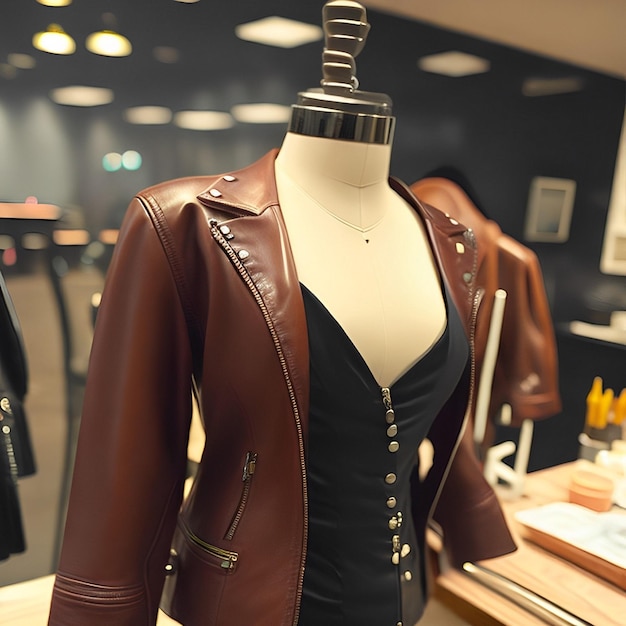 A mannequin with a leather jacket on display in a store.