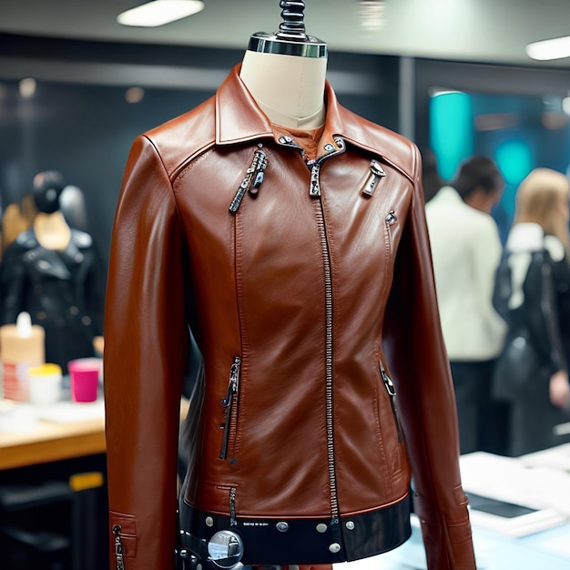 A mannequin with a leather jacket on it with a metal studs on the front.