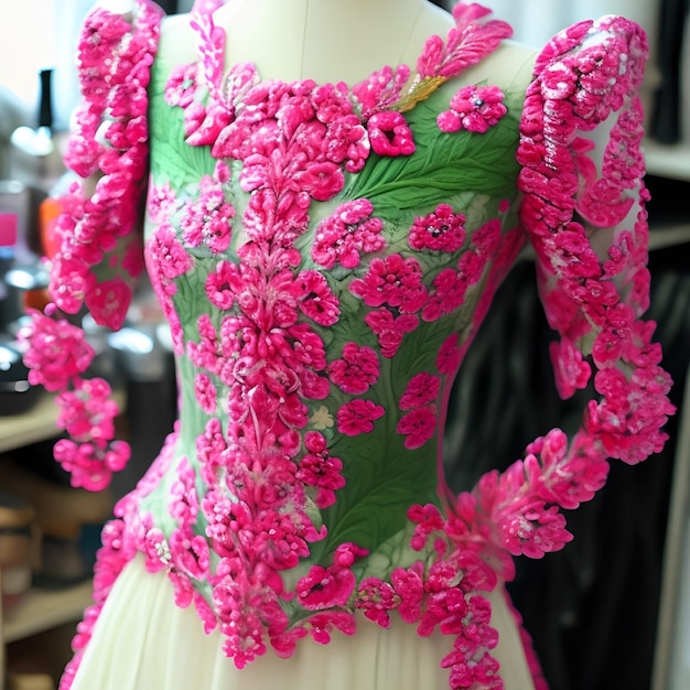 A mannequin with a pink dress with green flowers on it.