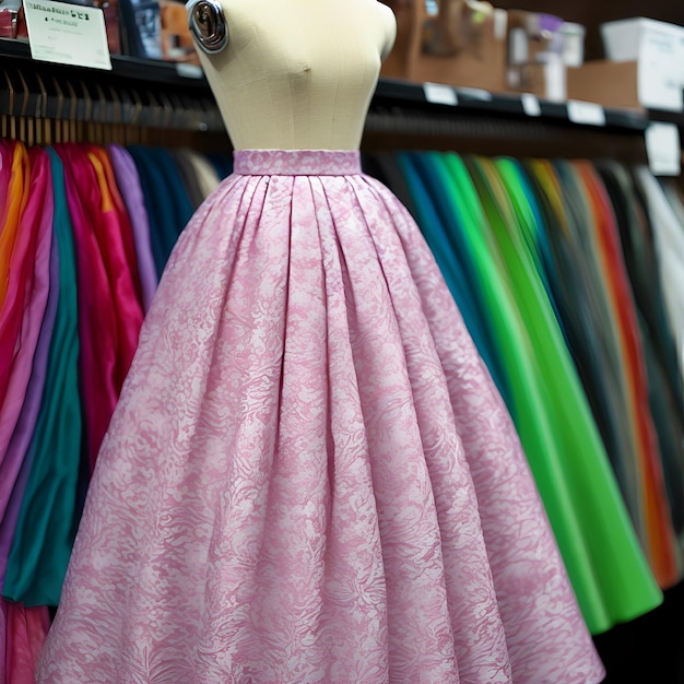 A mannequin with a pink skirt on it is on a mannequin.