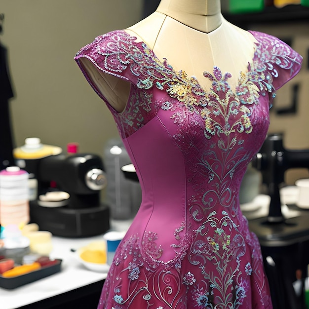 보라색 드레스에 꽃무늬가 있는 마네킹.