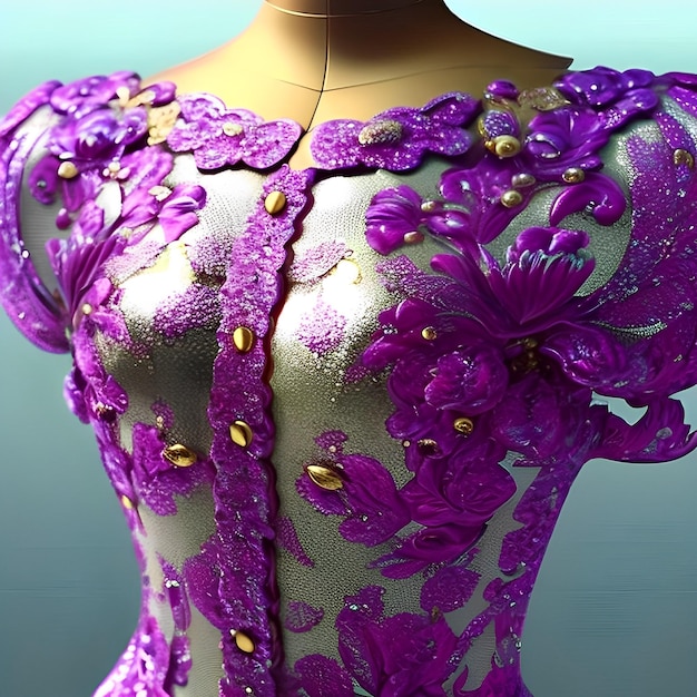 A mannequin with a purple dress with gold beads on it.