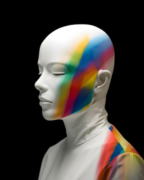 A mannequin with rainbow colors on face