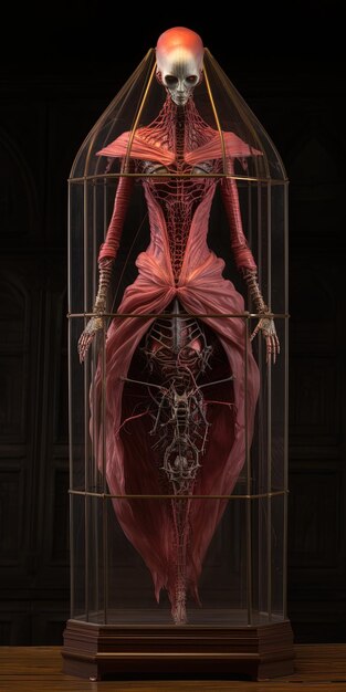 манекен с красным платьем и костями на нем