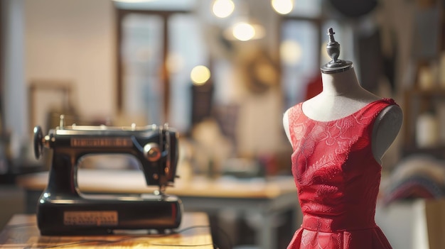 Mannequin with red dress in the foreground interior fashion design studio sewing machine on table