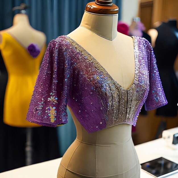 A mannequin with sequins on it is wearing a purple top with sequins on it.