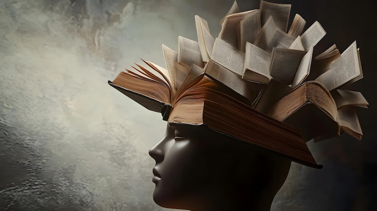 Фотография манекен с стопом книг на голове, представляющий вес знаний