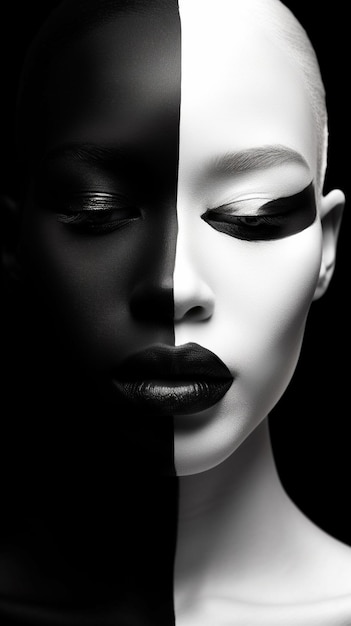 a mannequin with two different eyes and a black background