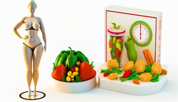 Фото Манекен с овощами и часами рядом с ним генеративный ии