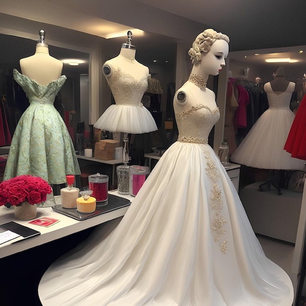 A mannequin with a wedding dress on display in a store.