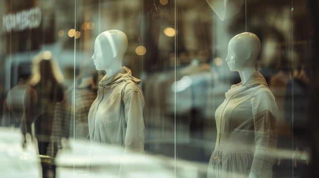 mannequins in a store window with mannequins in the background