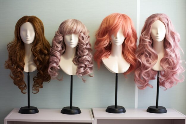 Photo mannequins with different style wigs on shelves of hair salon generated ai