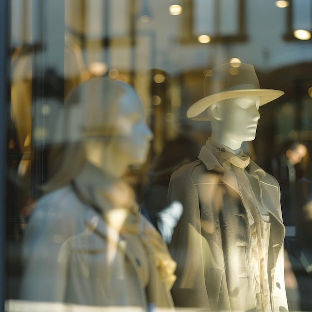 mannequins with a hat and a mannequin in front of a store window