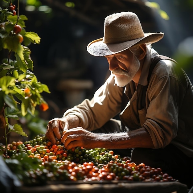 Manpicking coffee beans on the plant