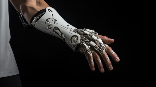 Foto un braccio umano con una mano robotica tecnologia futuristica per aiutare nelle attività quotidiane