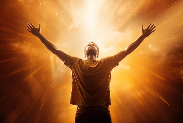 Photo mans arms raised up to the sun in the style of light gold and amber