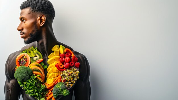 Foto la schiena di un uomo è coperta da una varietà di frutta e verdura