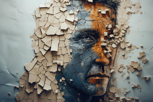 A mans face is made of broken pieces of paper ai