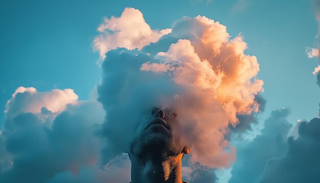 Foto il viso di un uomo è oscurato da una nuvola di fumo