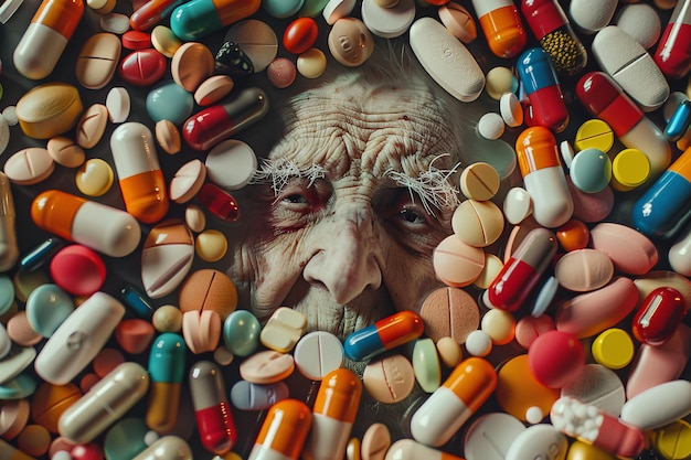 Foto il viso di un uomo è circondato da una pila di pillole colorate