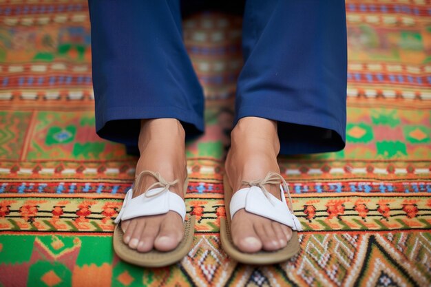 Mans feet in classic moccasins on a traditional woven mat