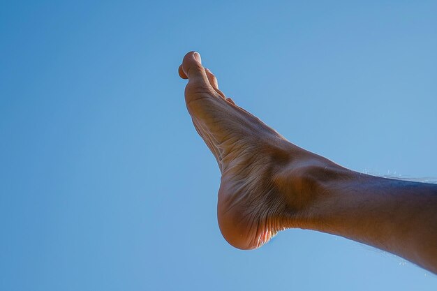 a mans foot is shown in the air with a blue sky behind him