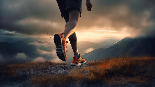 A mans foot runs against sunrise as clouds appear