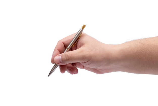 A mans hand and a ballpoint pen isolated on a white background