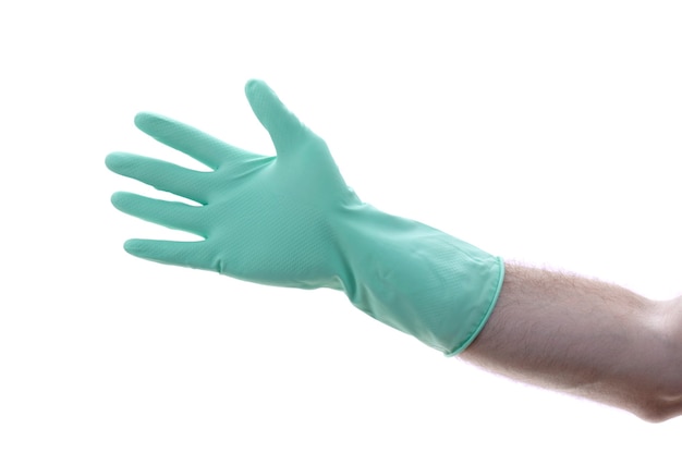 Mans hand in a green glove on hand shows five, isolated on a white background.