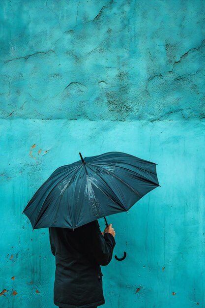 Photo mans hand holding an open umbrella on a bluegreen landscape