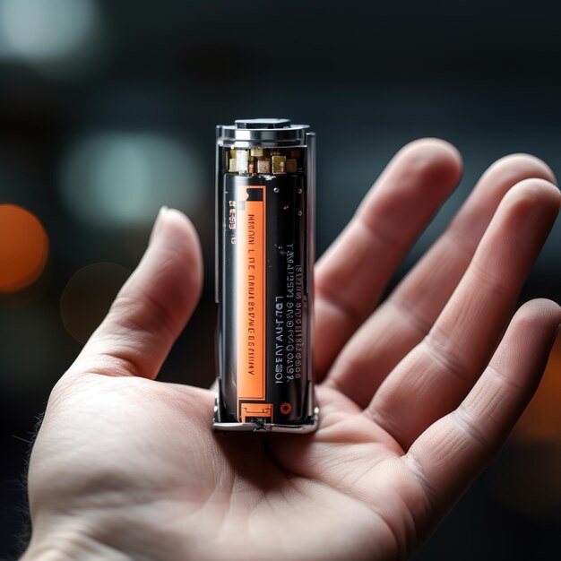 A mans hand holds a battery type aa Battery Day Closeup