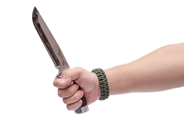 A mans hand holds a knife blade up isolated on a white background