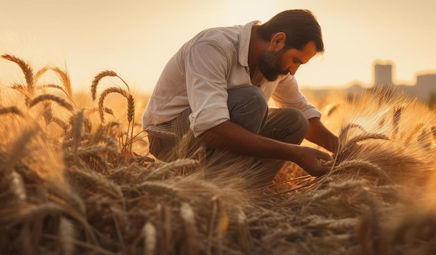 A mans hand holds spikelets of grain