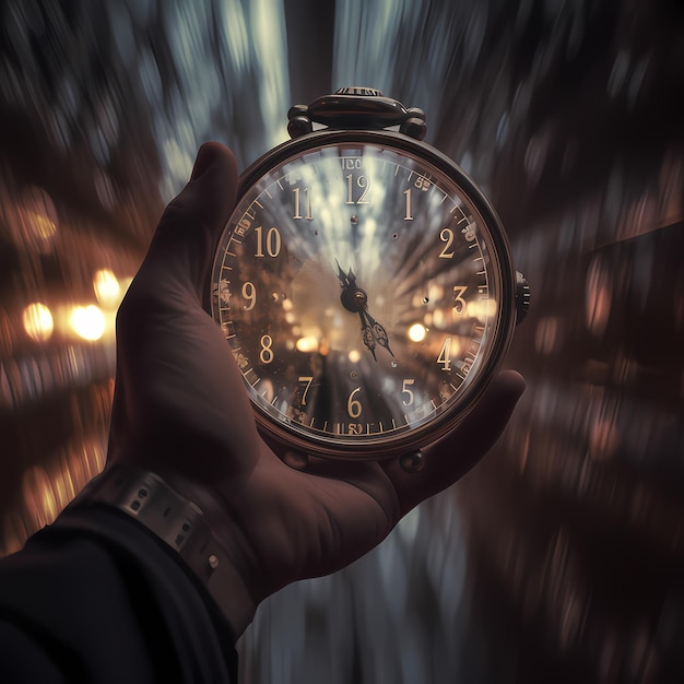 Photo mans hand holds a watch and watches time pass a labyrinth into the future end of time of the world