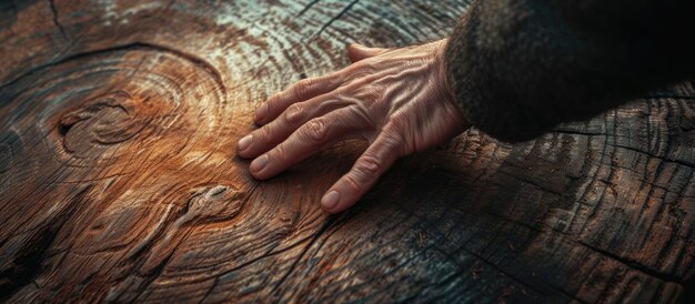 Mans hand inspecting wooden surface up close