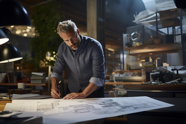 A mans hand is looking at a drawing of a building with a city in the background