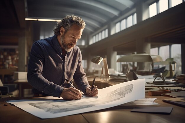 A mans hand is looking at a drawing of a building with a city in the background