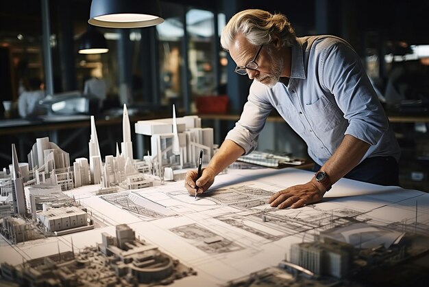 Foto una mano di un uomo sta guardando un disegno di un edificio con una città sullo sfondo