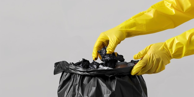 Mans hands clad in yellow gloves disposing of domestic rubbish into a compact garbage bag