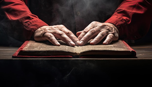 a mans hands hanging on the edge of his book in the style of light gray and crimson