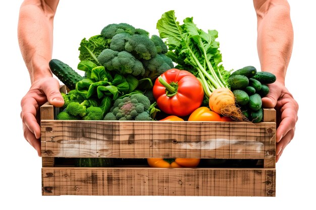 색 또는 투명한 배경에 채소와 함께 채소를 판매하는 사람의 손을 들고 있는 상자