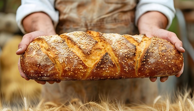 Photo a mans hands hold a loaf of bread