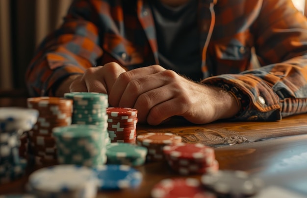 カジノのテーブルでポーカーゲームのコンセプトを描いたポーカーチップのスタックを握る男性の手