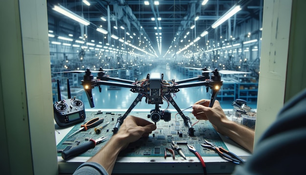 Mans hands repairing Collecting Parts a drone on the background of a factory interior production